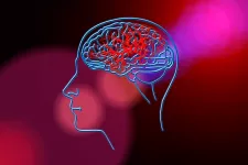 Tecknad bild på ett ansikte i profil och genomskärning. Röda och blå sträck som ska föreställa en hjärna.